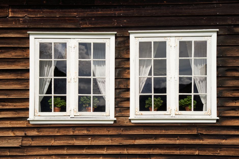 Two white-framed multi-pane windows with lace curtains and potted plants on a dark wood plank wall